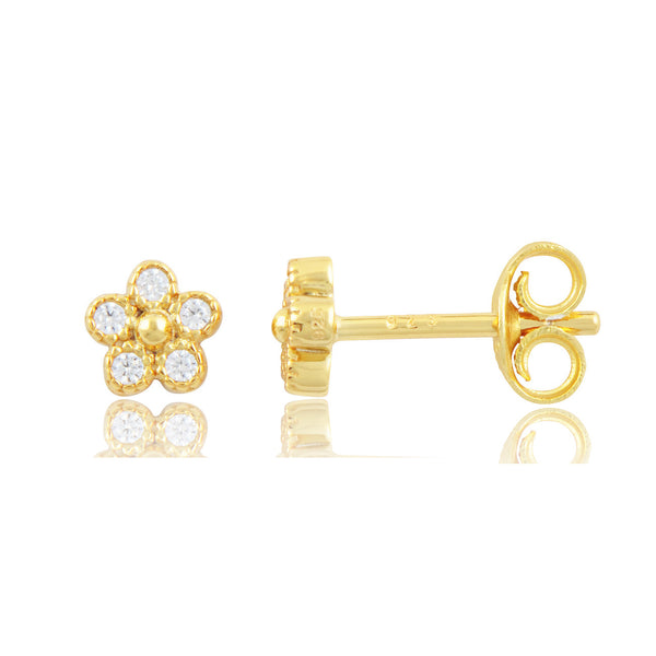 Yellow Gold Plated Sterling Silver Cz Tiny Flower Stud Earrings