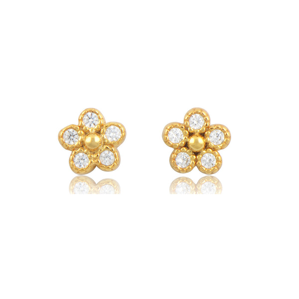Yellow Gold Plated Sterling Silver Cz Tiny Flower Stud Earrings