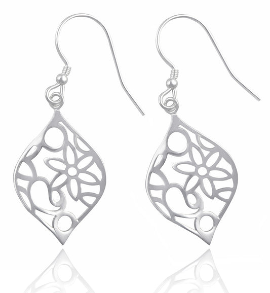 Sterling Silver Girls Retro Hipster Filigree Flower Dangle Earrings - 22mm