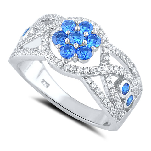 Sterling Silver Simulated Blue Sapphire Flower Ring - SilverCloseOut - 1