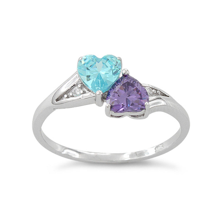 Sterling Silver Simulated Blue Topaz & Simualted Amethyst Heart Ring - SilverCloseOut - 2