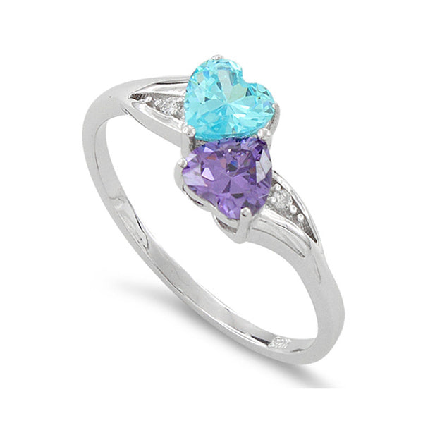 Sterling Silver Simulated Blue Topaz & Simualted Amethyst Heart Ring - SilverCloseOut - 1