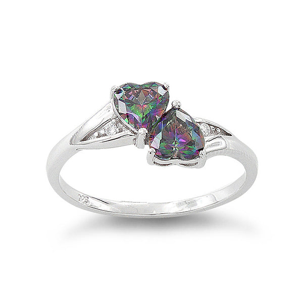 Sterling Silver Simulated Rainbow Topaz Double Heart Ring - SilverCloseOut - 2