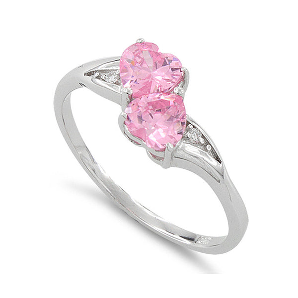 Sterling Silver Pink Cz Double Heart Ring - SilverCloseOut - 1
