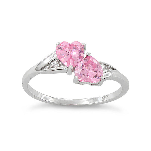 Sterling Silver Pink Cz Double Heart Ring - SilverCloseOut - 2