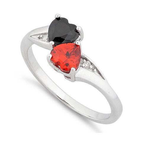 Sterling Silver Black & Red Cz Double Heart Ring - SilverCloseOut - 1