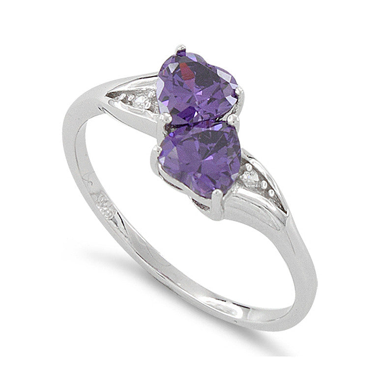 Sterling Silver Simulated Amethyst Double Heart Ring - SilverCloseOut - 1