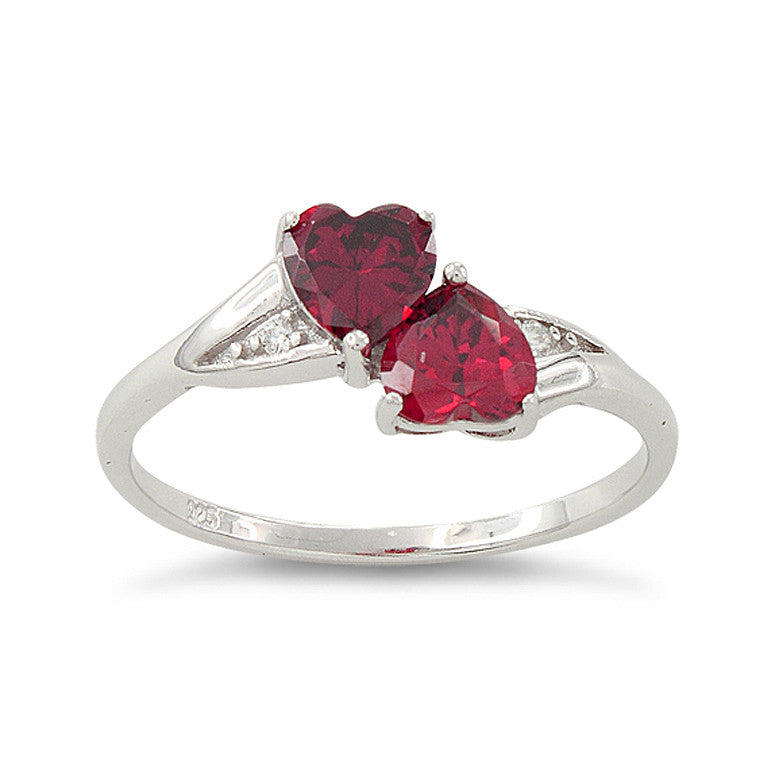 Sterling Silver Simulated Ruby Double Heart Ring - SilverCloseOut - 2