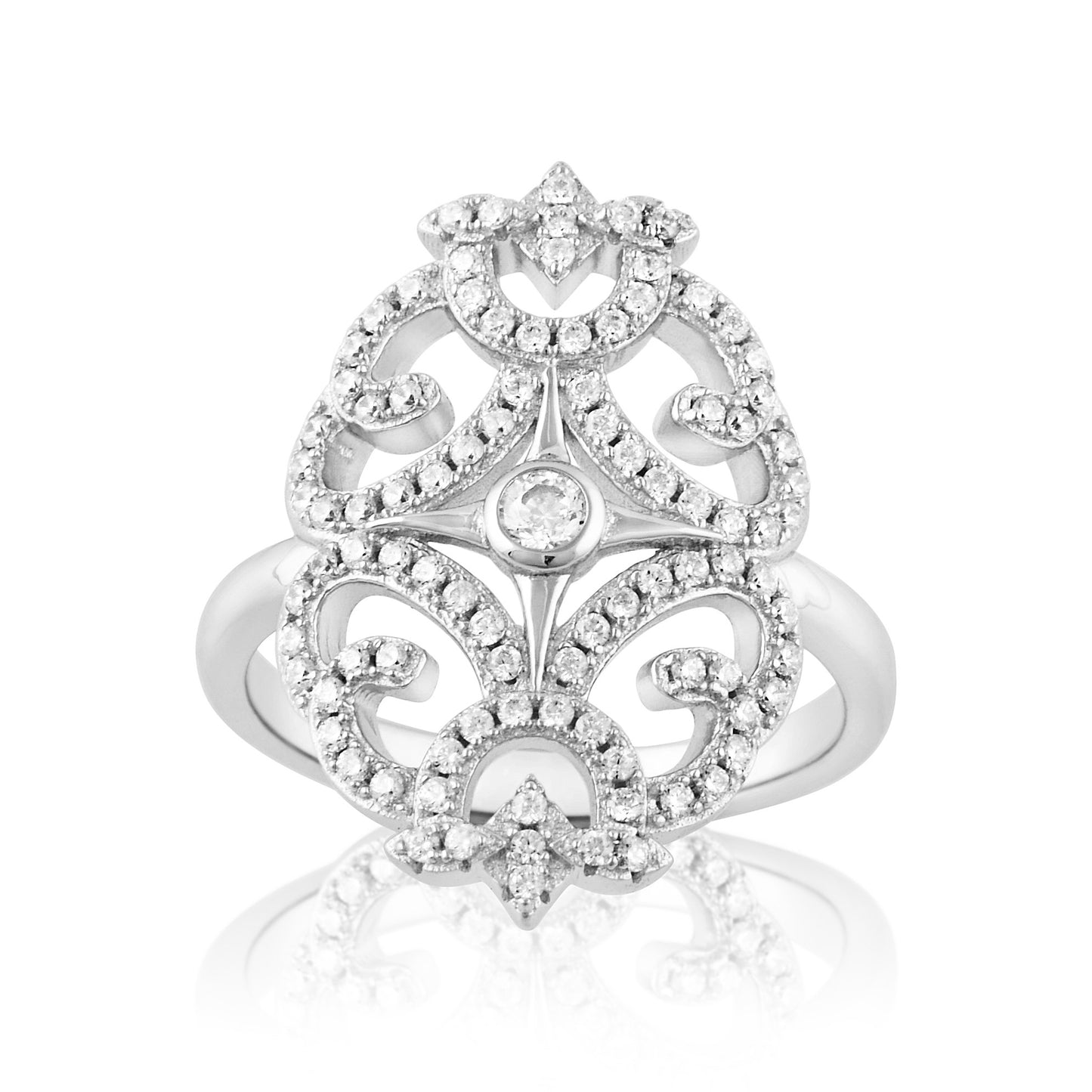 Sterling Silver Simulated Diamond Filigree Cocktail Ring - SilverCloseOut - 2