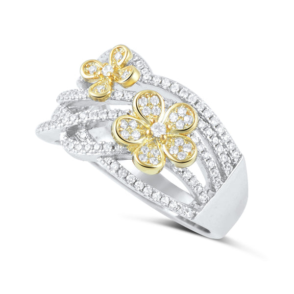 Sterling Silver Simulated Diamond Two Tone Flower Ring - SilverCloseOut - 1