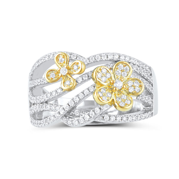 Sterling Silver Simulated Diamond Two Tone Flower Ring - SilverCloseOut - 2