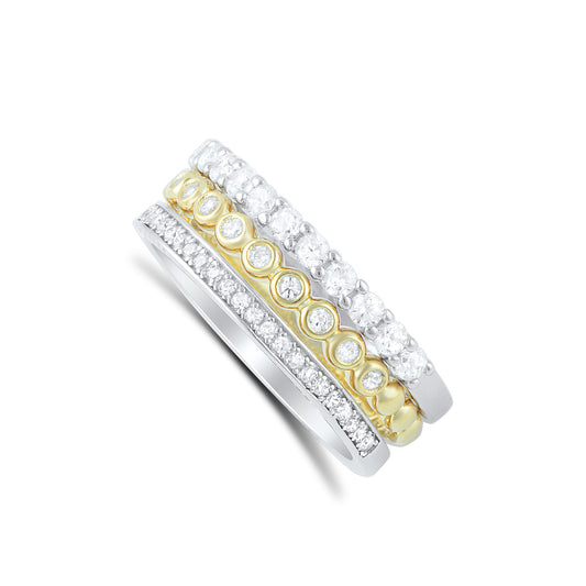 Two Tone Sterling Silver Simulated Diamond Stacked Ring - SilverCloseOut - 1