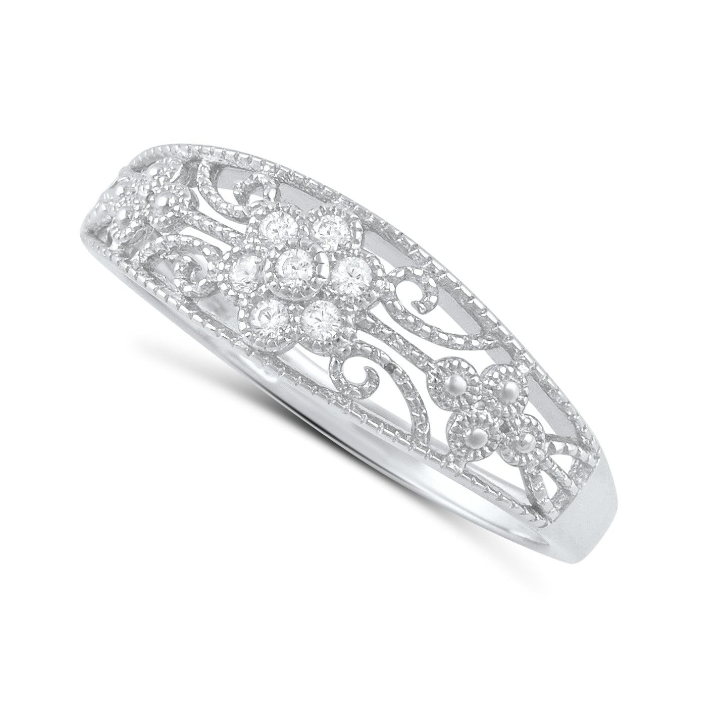 White Gold Over Sterling Silver Womens Dainty Filigree Cz Victorian Flower Ring
