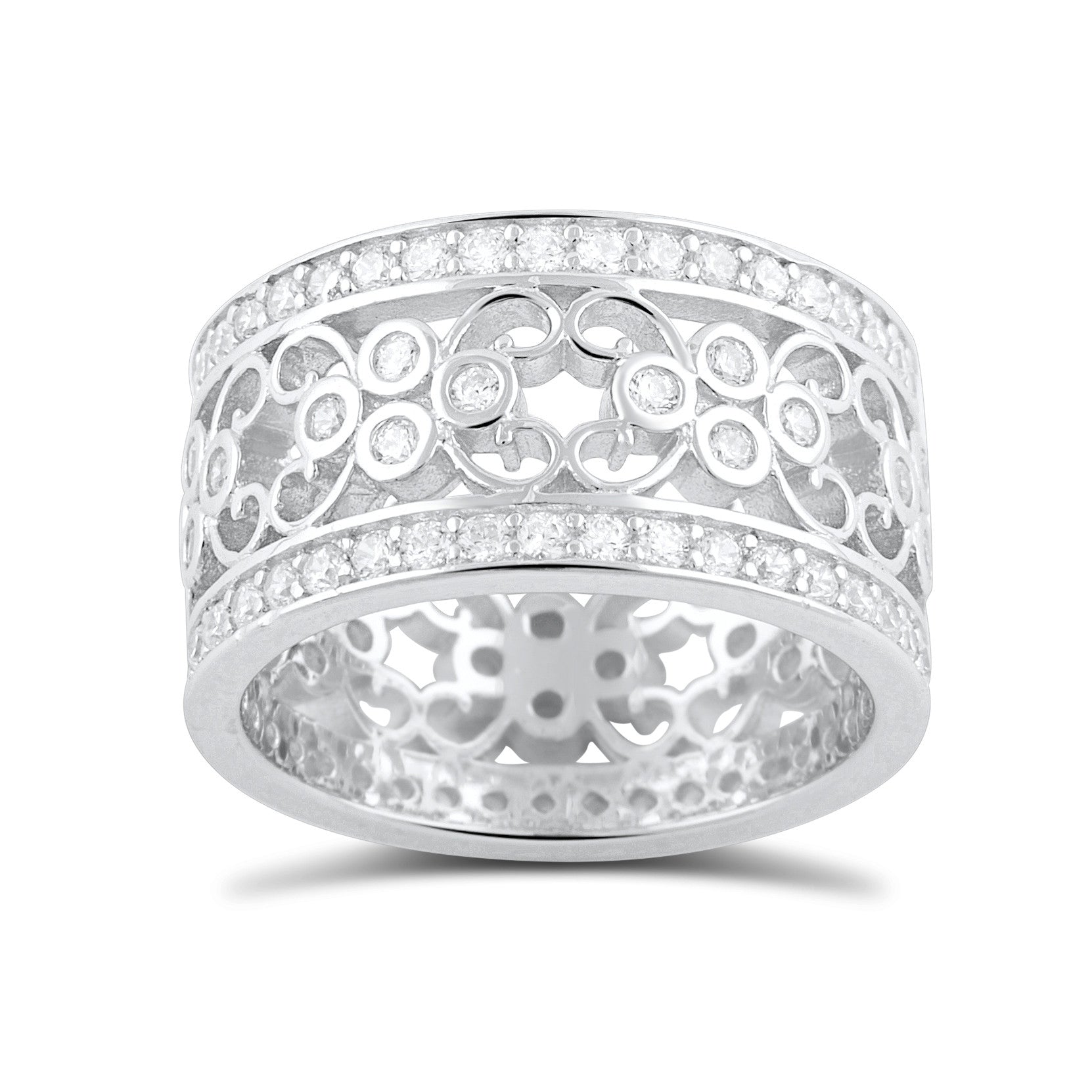 Sterling Silver Simulated Diamond Wide Filigree Statement Ring - SilverCloseOut - 2