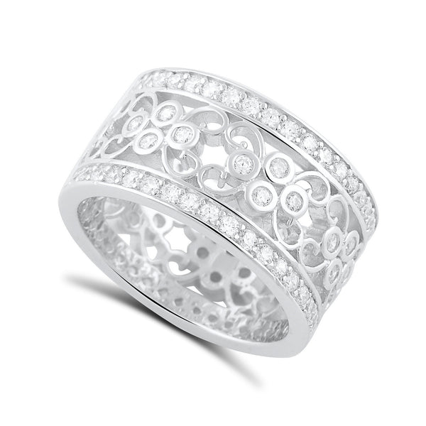 Sterling Silver Simulated Diamond Wide Filigree Statement Ring - SilverCloseOut - 1