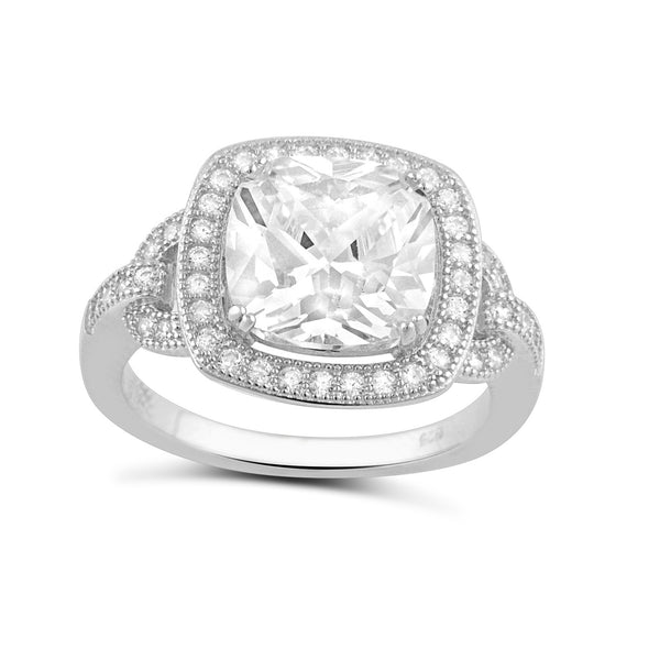 Sterling Silver Square Cz Big Halo Statement Ring - SilverCloseOut - 1