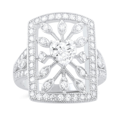 Sterling Silver Heart Cz Big Square Statement Ring - SilverCloseOut - 1
