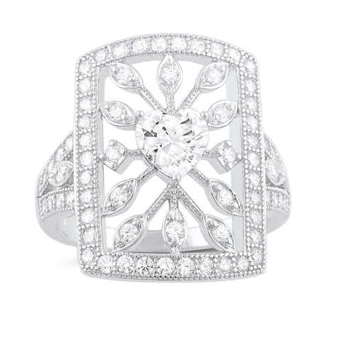 Sterling Silver Heart Cz Big Square Statement Ring - SilverCloseOut - 1