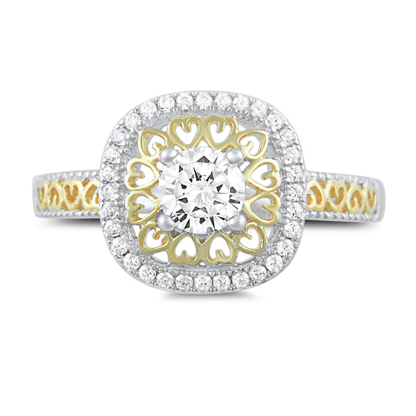 Sterling Silver Two Tone Simulated Diamond Halo Ring - SilverCloseOut - 3