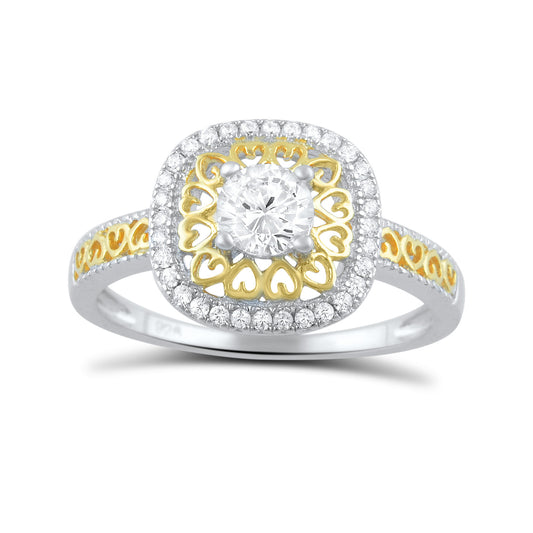 Sterling Silver Two Tone Simulated Diamond Halo Ring - SilverCloseOut - 1