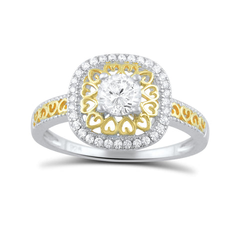 Sterling Silver Two Tone Simulated Diamond Halo Ring - SilverCloseOut - 1