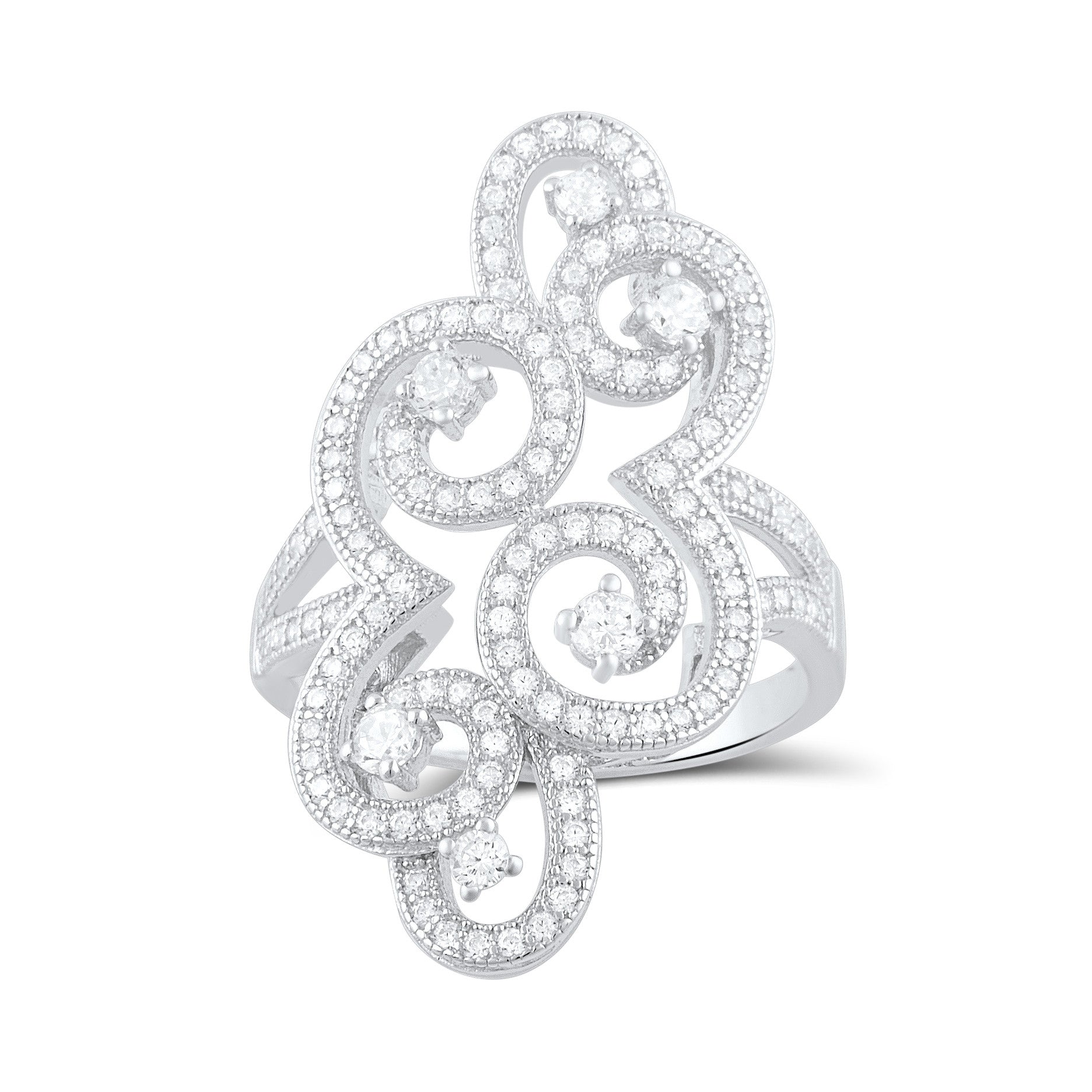 Sterling Silver Cz Filigree Swirl Statement Ring - SilverCloseOut - 3
