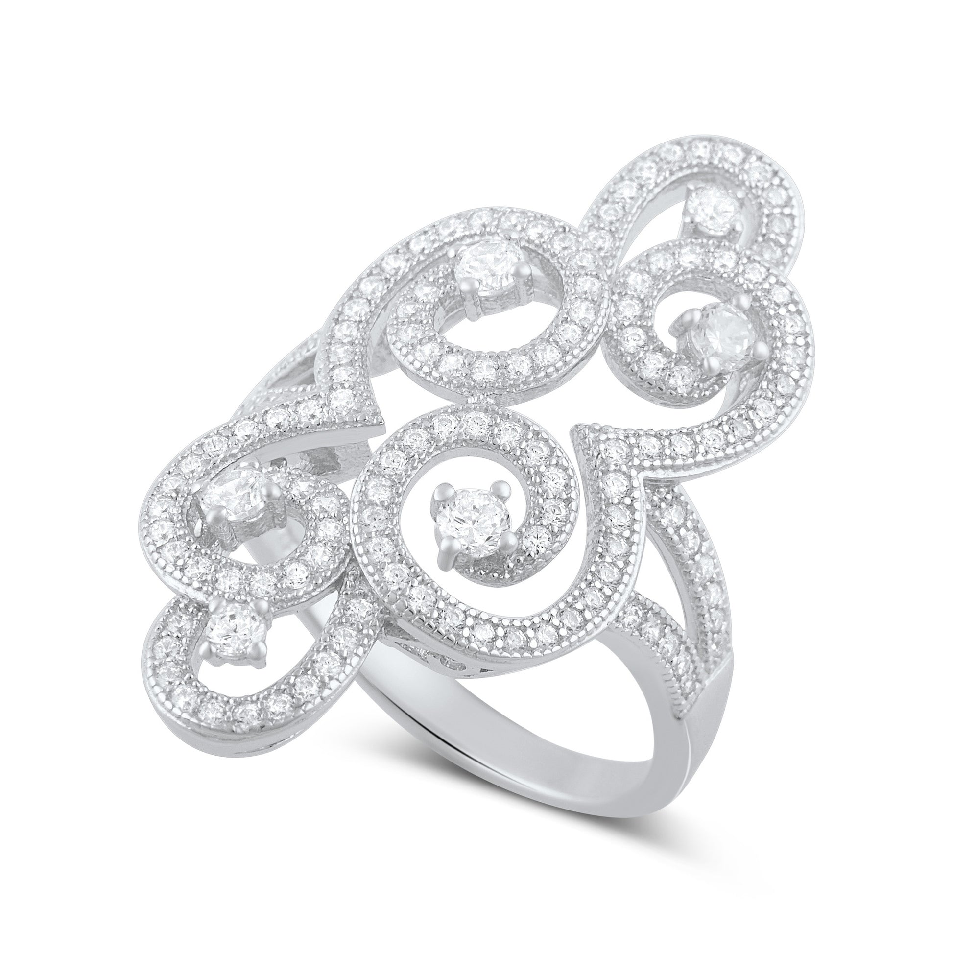 Sterling Silver Cz Filigree Swirl Statement Ring - SilverCloseOut - 1