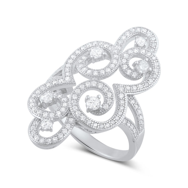 Sterling Silver Cz Filigree Swirl Statement Ring - SilverCloseOut - 1