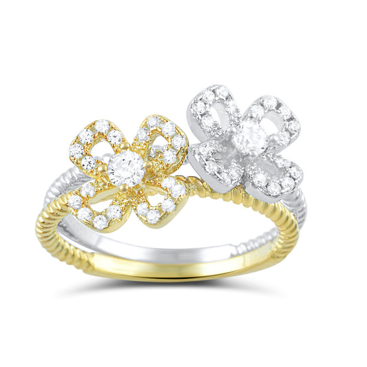 Two Tone Sterling Silver Cz Stackable Flower Ring - SilverCloseOut - 1