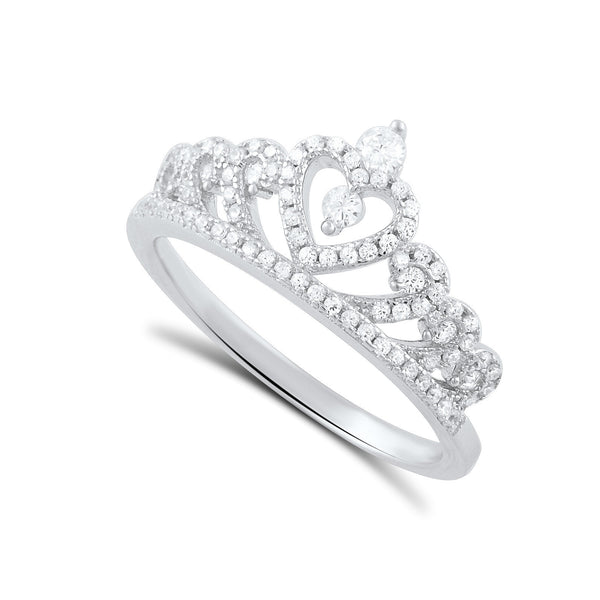 Sterling Silver Cz Heart Crown Ring - SilverCloseOut - 1