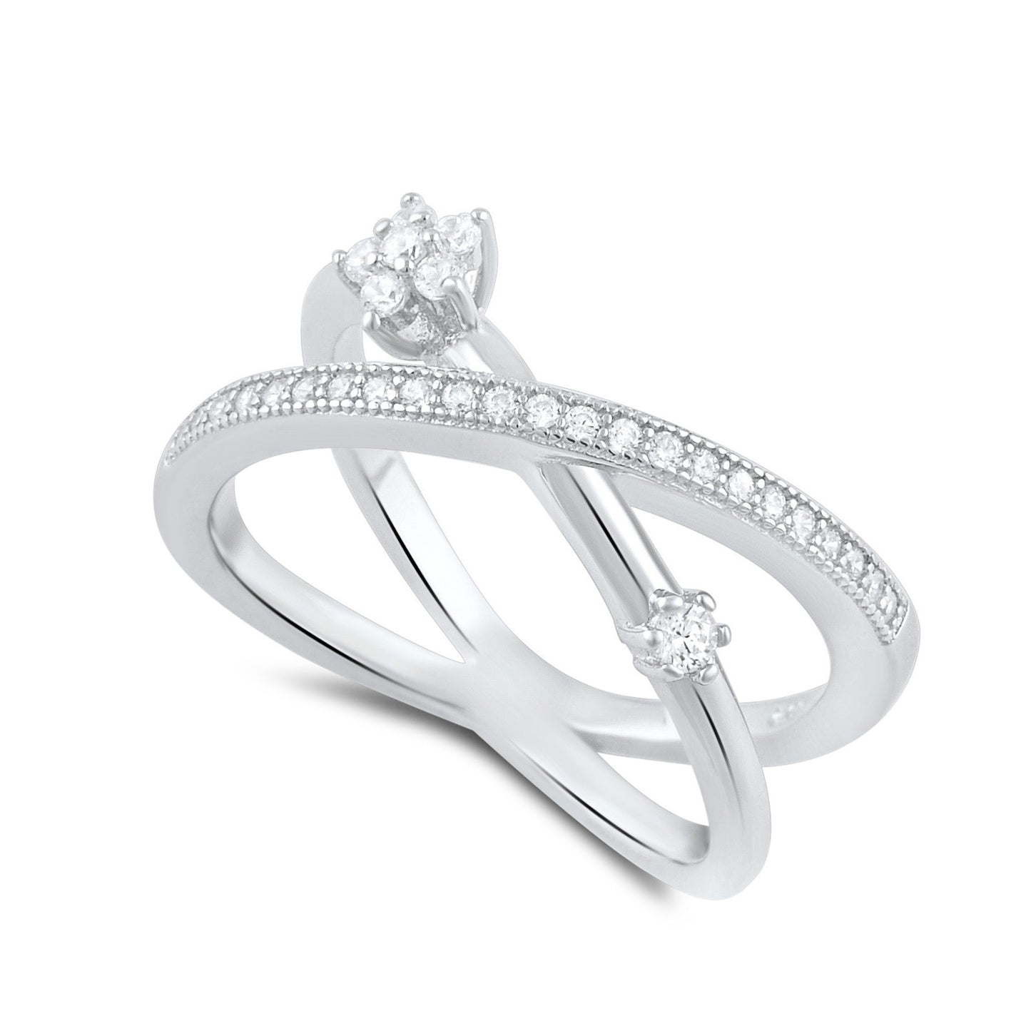 Sterling Silver Simulated Diamond Criss Cross X Flower Ring - SilverCloseOut - 1