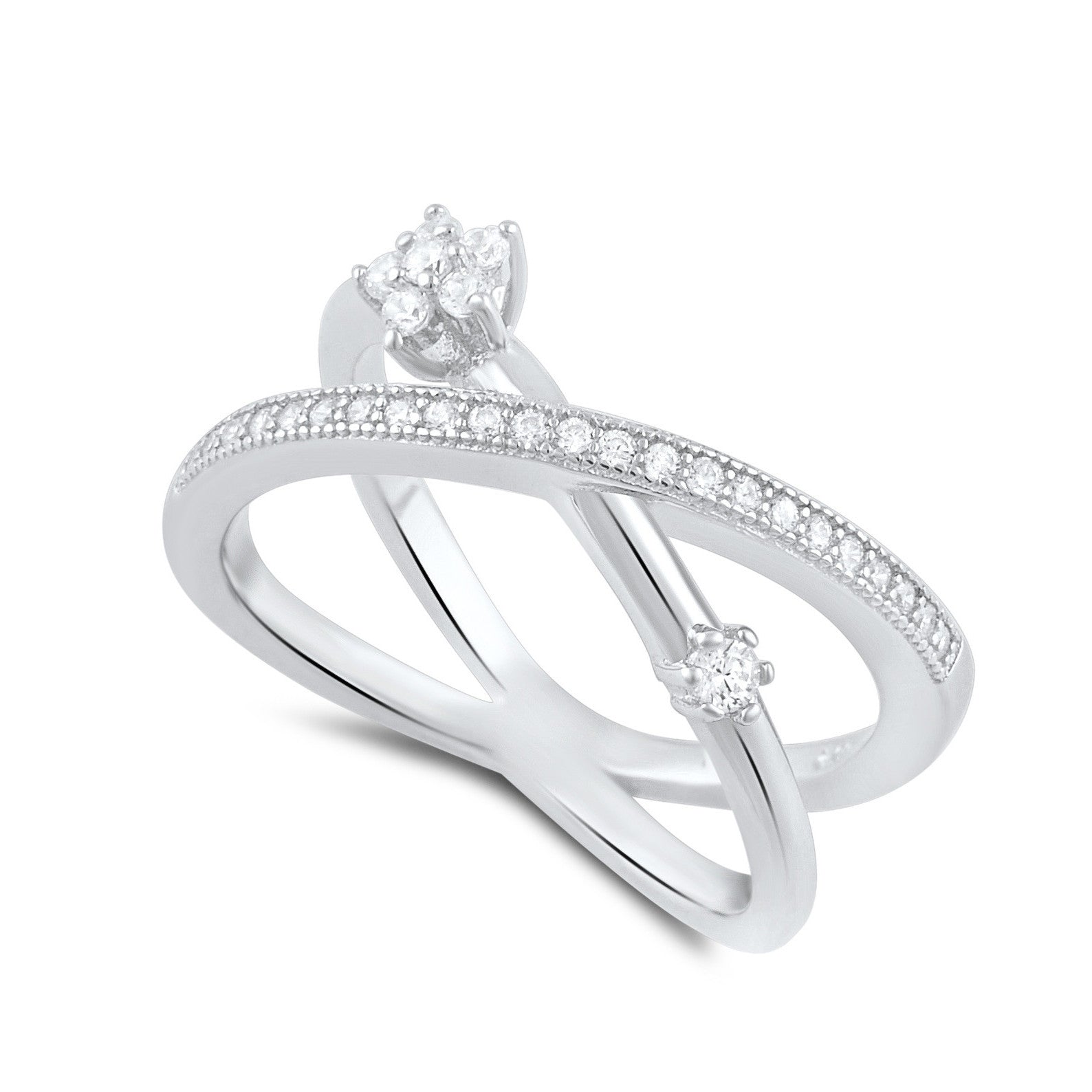 Sterling Silver Simulated Diamond Criss Cross X Flower Ring - SilverCloseOut - 1