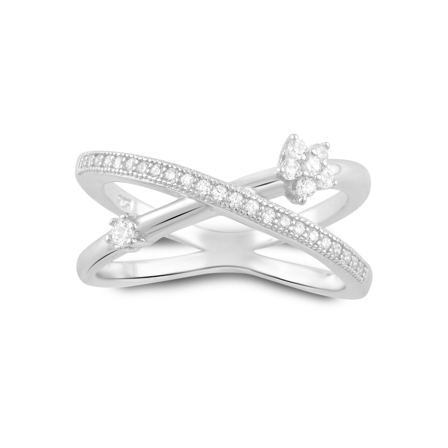 Sterling Silver Simulated Diamond Criss Cross X Flower Ring - SilverCloseOut - 2