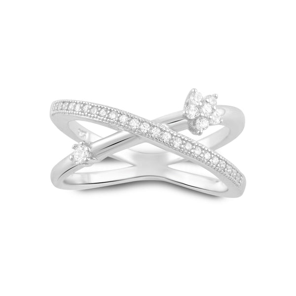 Sterling Silver Simulated Diamond Criss Cross X Flower Ring - SilverCloseOut - 2