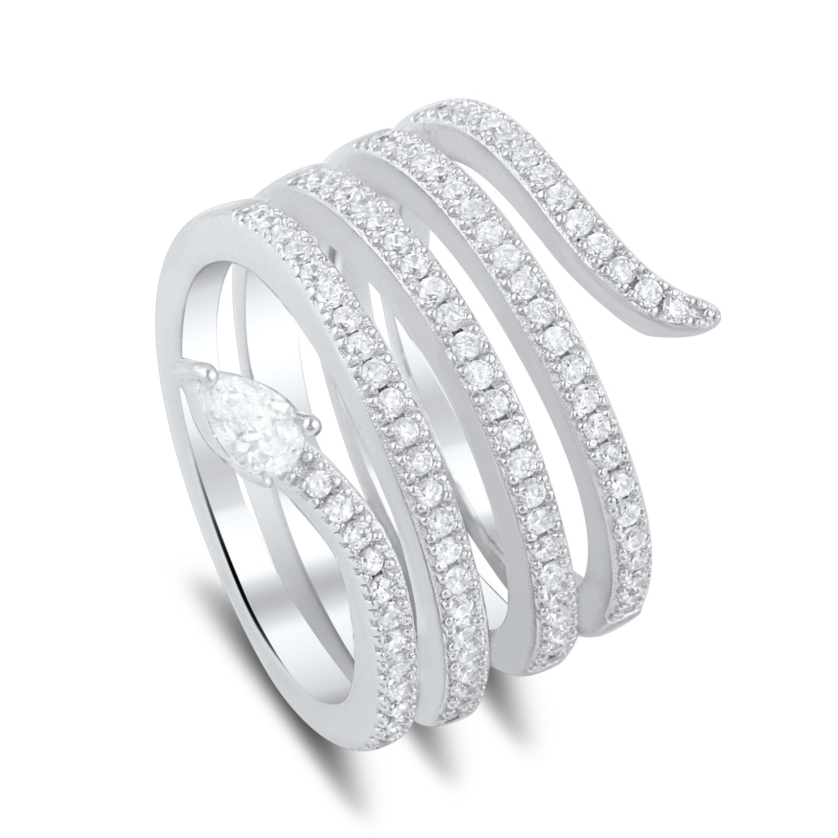Sterling Silver Cz Wide Wrap Around Multi Row Snake Ring - SilverCloseOut - 1