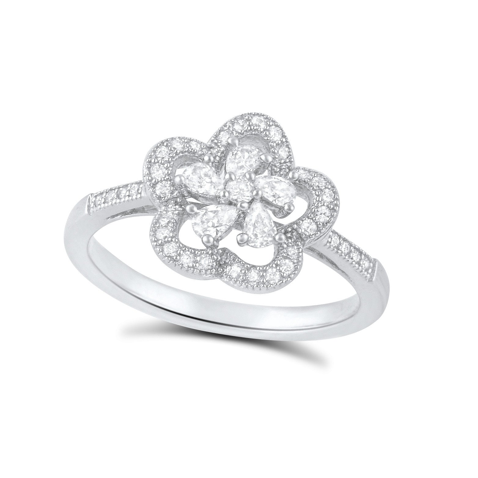 Sterling Silver Cz Abstract Halo Flower Ring - SilverCloseOut - 2