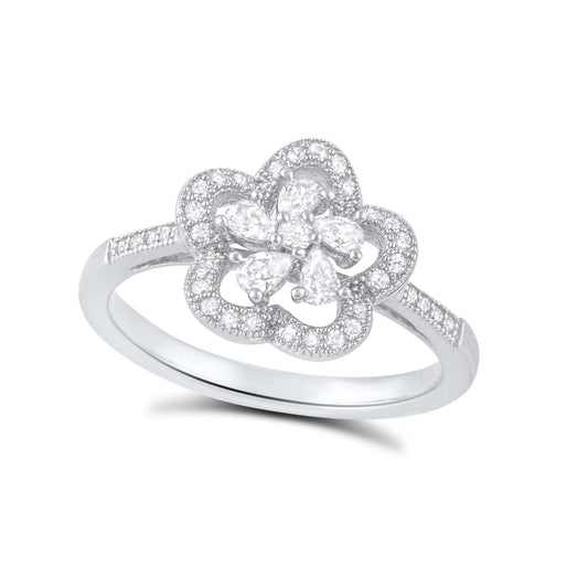Sterling Silver Cz Abstract Halo Flower Ring - SilverCloseOut - 2