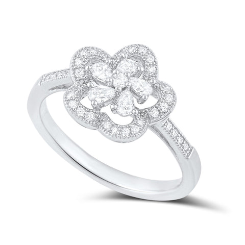 Sterling Silver Cz Abstract Halo Flower Ring - SilverCloseOut - 1