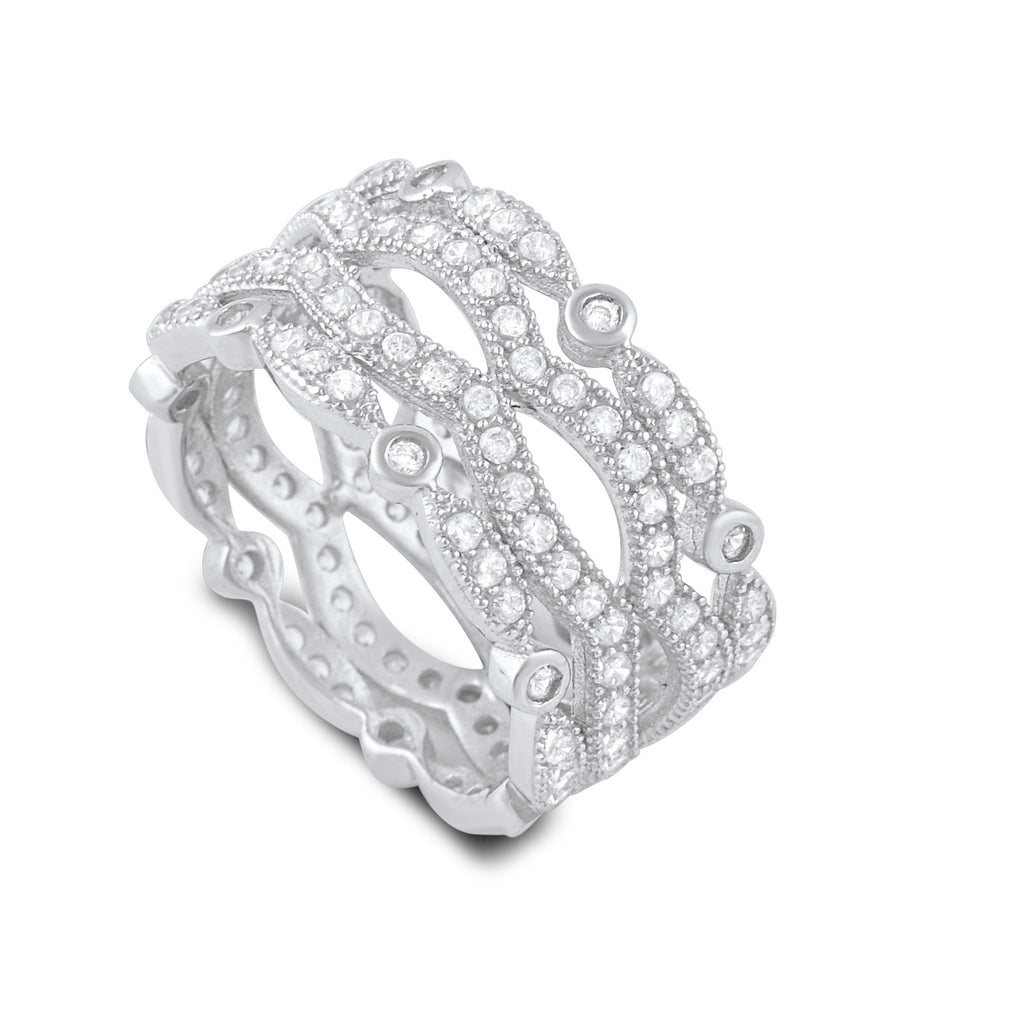 Sterling Silver Cz Wide Stacked Statement Ring - SilverCloseOut - 1