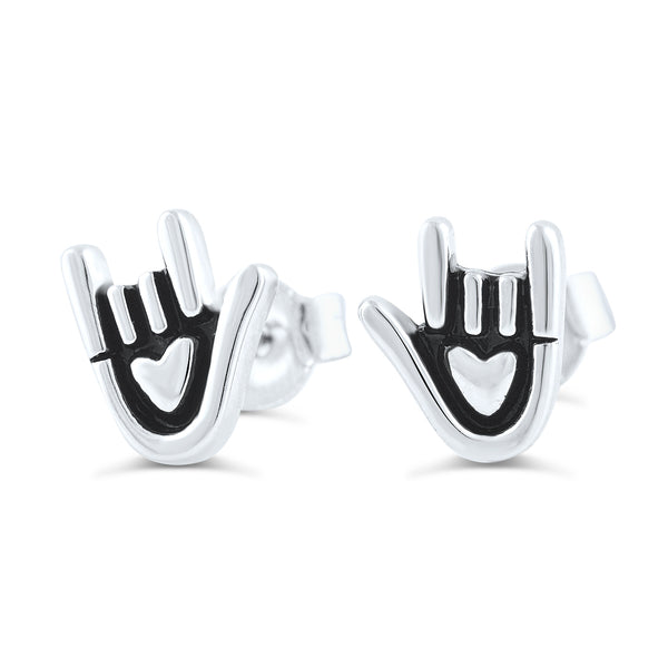 Sterling Silver Sign Language Love Stud Earrings - 8mm