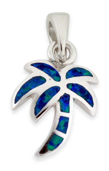 Sterling Silver Blue Created Opal Palm Tree Necklace - 17mm