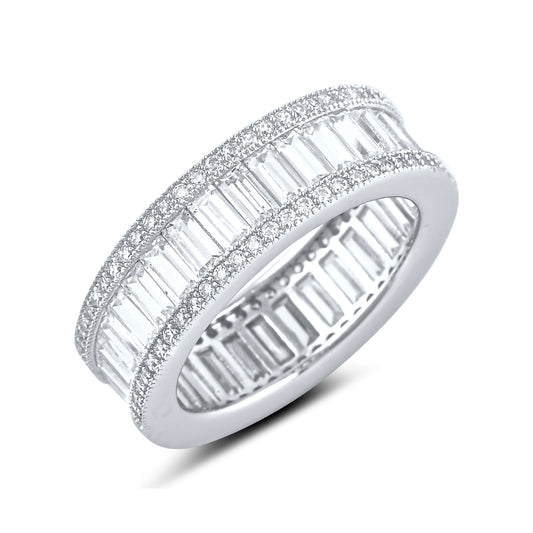 White Gold Over Sterling Silver Womens Wide Simulated Diamond Baguette Eternity Ring
