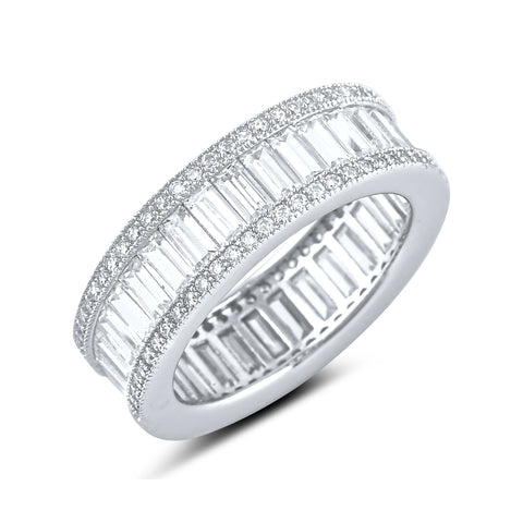 White Gold Over Sterling Silver Womens Wide Simulated Diamond Baguette Eternity Ring