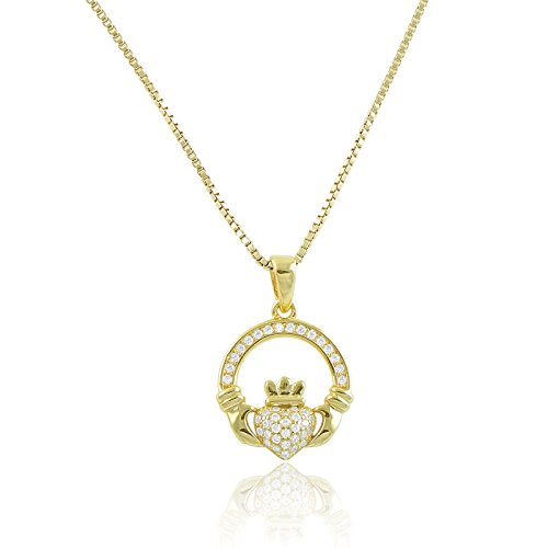 Yellow Gold Tone Silver Cz Celtic Claddagh Necklace