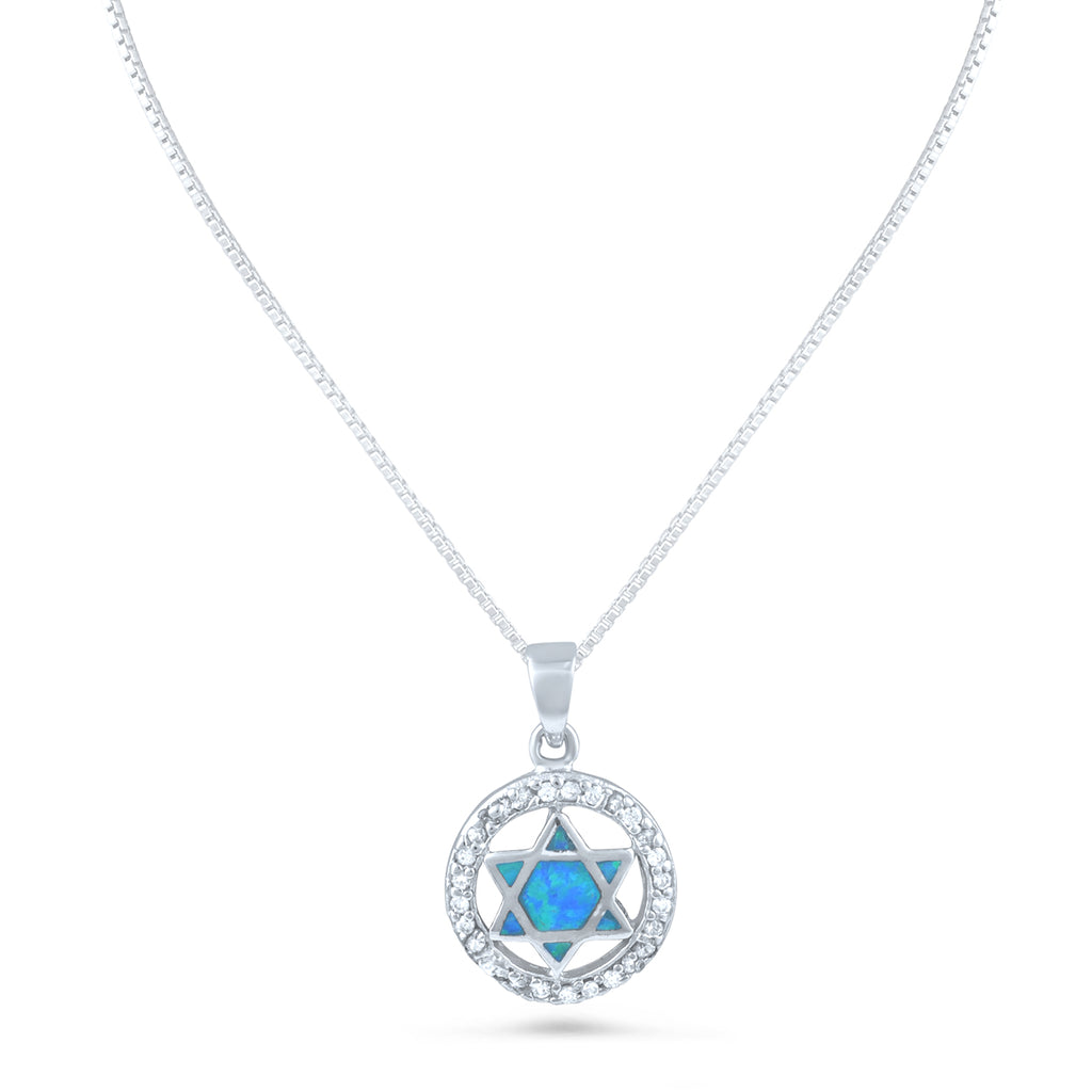 Sterling Silver Blue Created Opal CZ Jewish Star (star of david) Necklace - 14mm