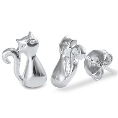 Sterling Silver Kitty Cat Stud Earrings - 10mm