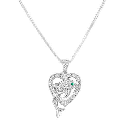 Sterling Silver Simulated Diamond Dolphin Heart Necklace 18"