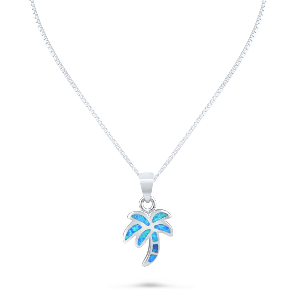 Sterling Silver Blue Created Opal Palm Tree Necklace - 24mm