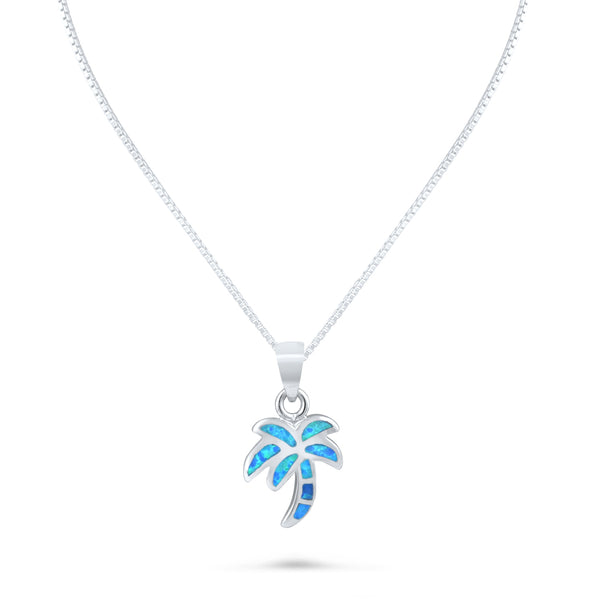 Sterling Silver Blue Created Opal Palm Tree Necklace - 24mm