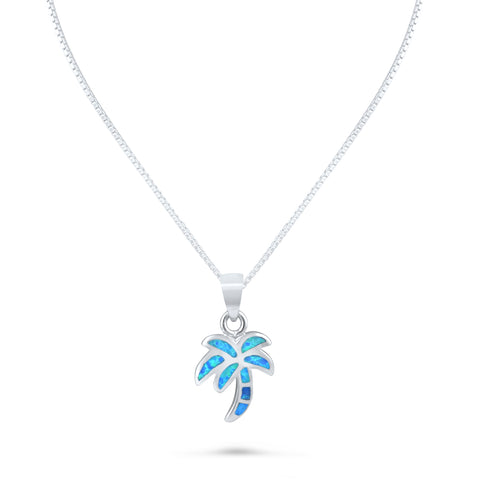 Sterling Silver Blue Created Opal Palm Tree Necklace - 24mm